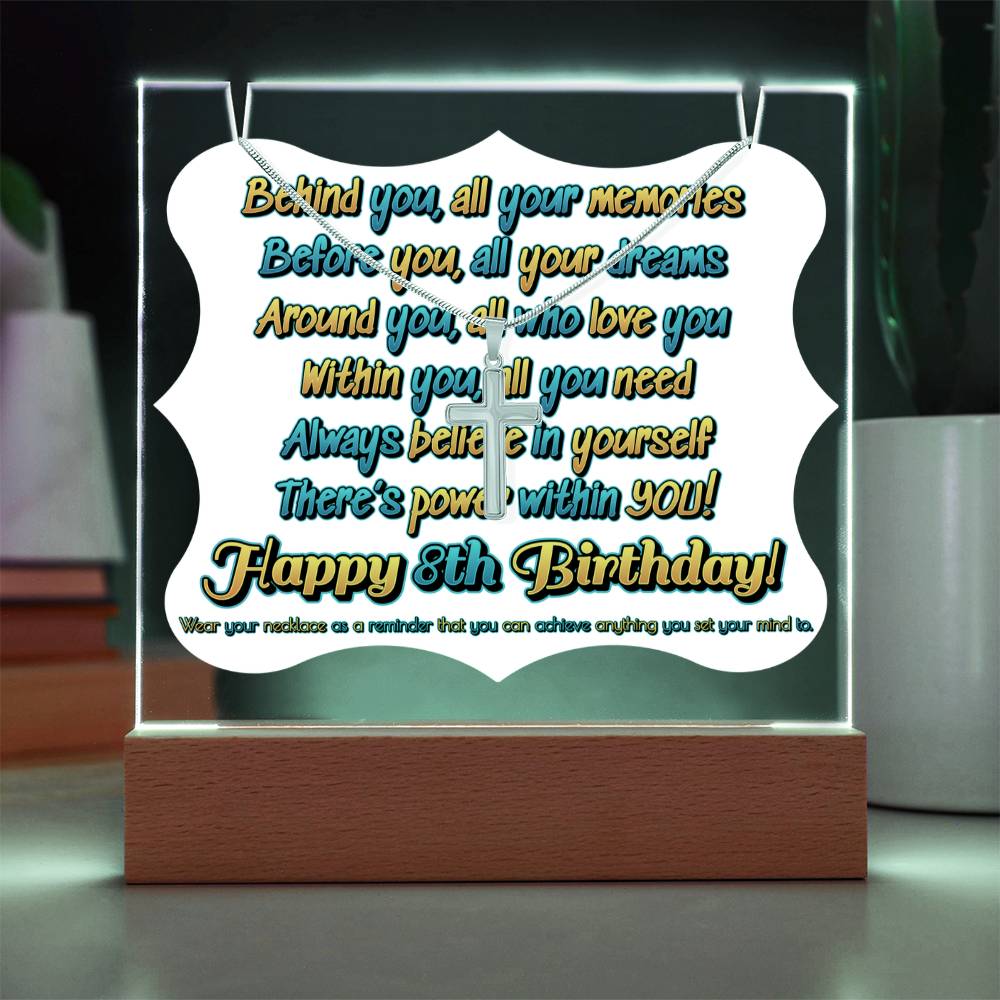 JGF Jewelry Gifts For Family Silver Cross Necklace for 8 Yar Old Girl And Boy on Acrylic Birthday Plaque Gift