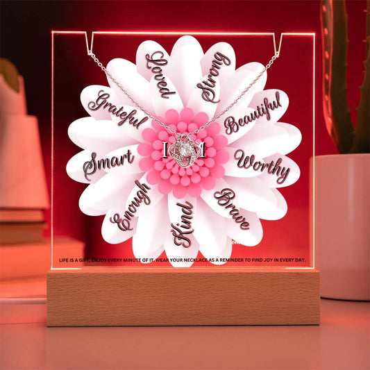 JGF Jewelry Gifts For Family LED Acrylic Plaque with Love Knot Necklace Flower I Am Affirmations for Girls