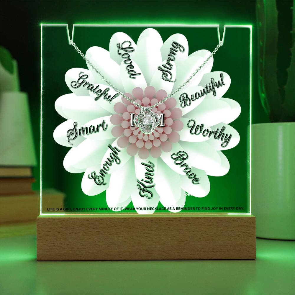 JGF Jewelry Gifts For Family LED Acrylic Plaque with Love Knot Necklace Flower I Am Affirmations for Girls