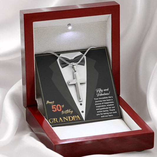 JGF Jewelry Gifts for Family Cross Necklace For Men Happy 50th Birthday Card For Him Grandpa