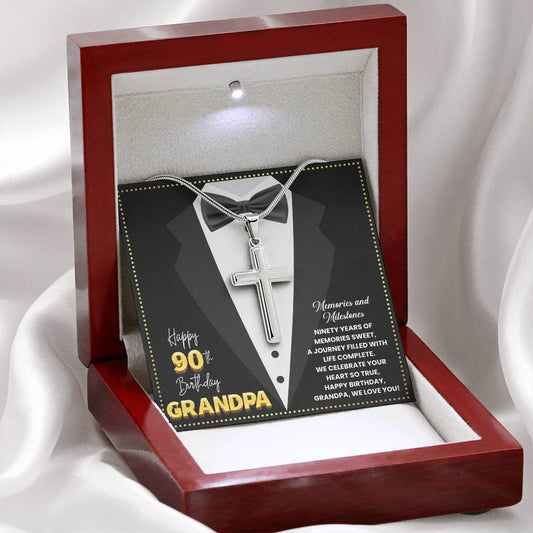 JGF Jewelry Gifts for Family Happy 90th Birthday Card Grandpa Cross Necklace For Men