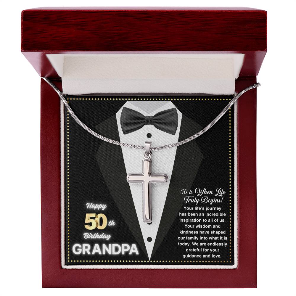 JGF Jewelry Gifts for Family Cross Necklace Silver For Grandpa 50th Birthday Card For Him