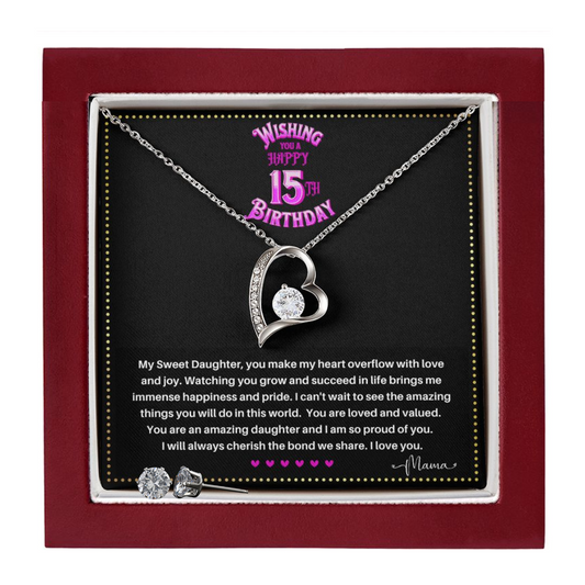 JGF Jewelry Gifts for Family | Happy 15th Birthday Card For Daughter | Trendy Love Heart Necklace And Earrings Jewelry