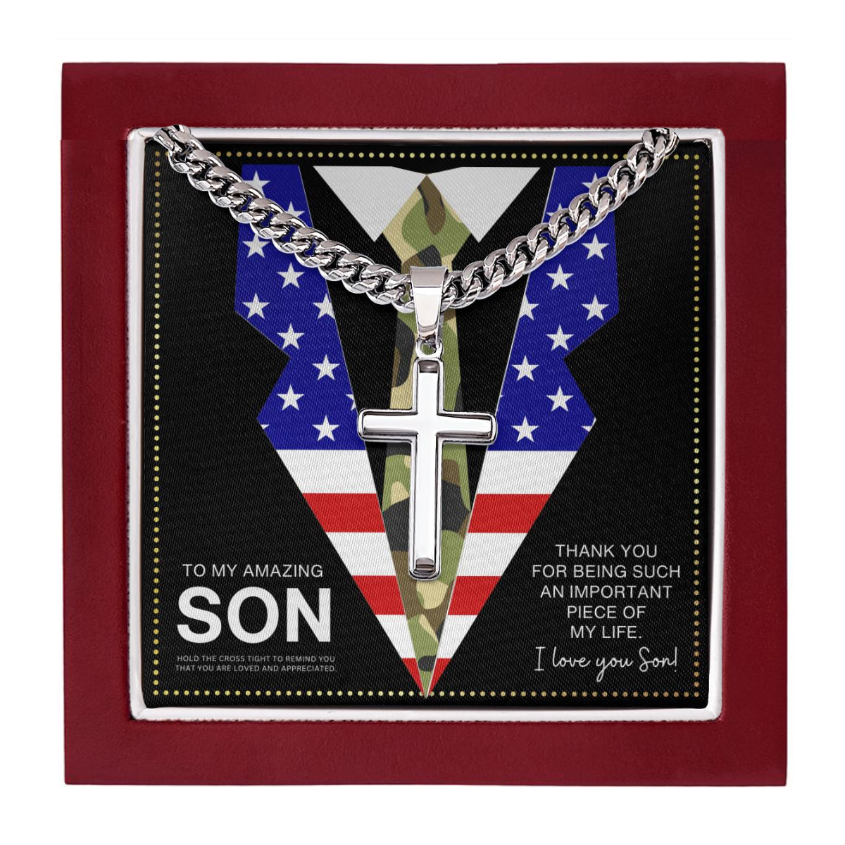 JGF Jewelry Gifts for Family Army National Guard Cuban Link Chain For Men With Cross Pendant US American Flag