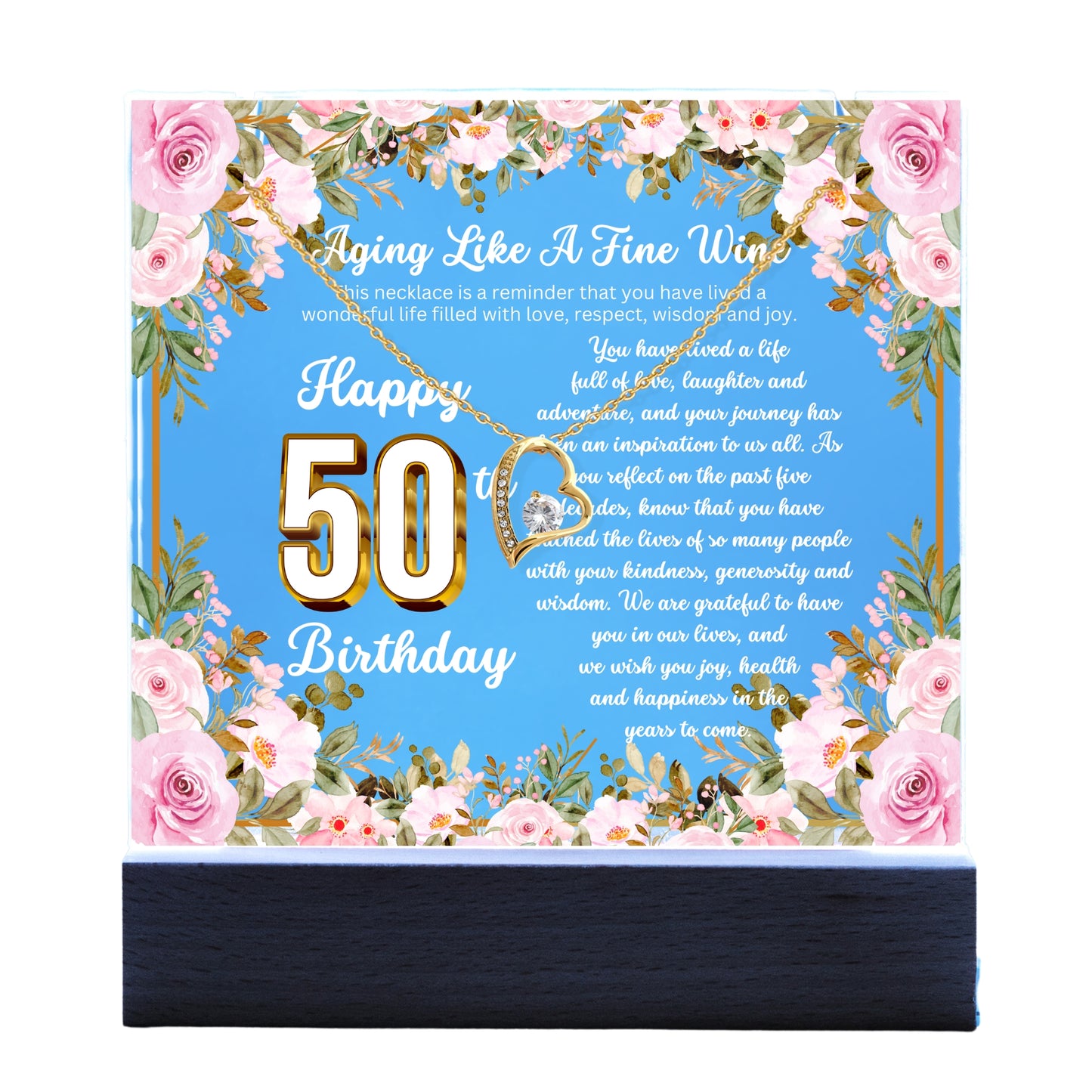 JGF Jewelry Gifts for Family Happy 50th Birthday Heart Necklace on Acrylic Plaque Gifts For Women Turning 50 Year Old