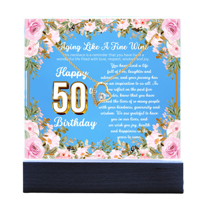 JGF Jewelry Gifts for Family Happy 50th Birthday Heart Necklace on Acrylic Plaque Gifts For Women Turning 50 Year Old