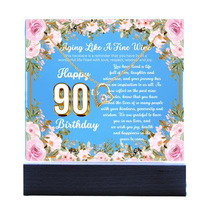 JGF Jewelry Gifts for Family Happy 90th Birthday Heart Necklace on Acrylic Plaque Gifts For Women Turning 90 Year Old