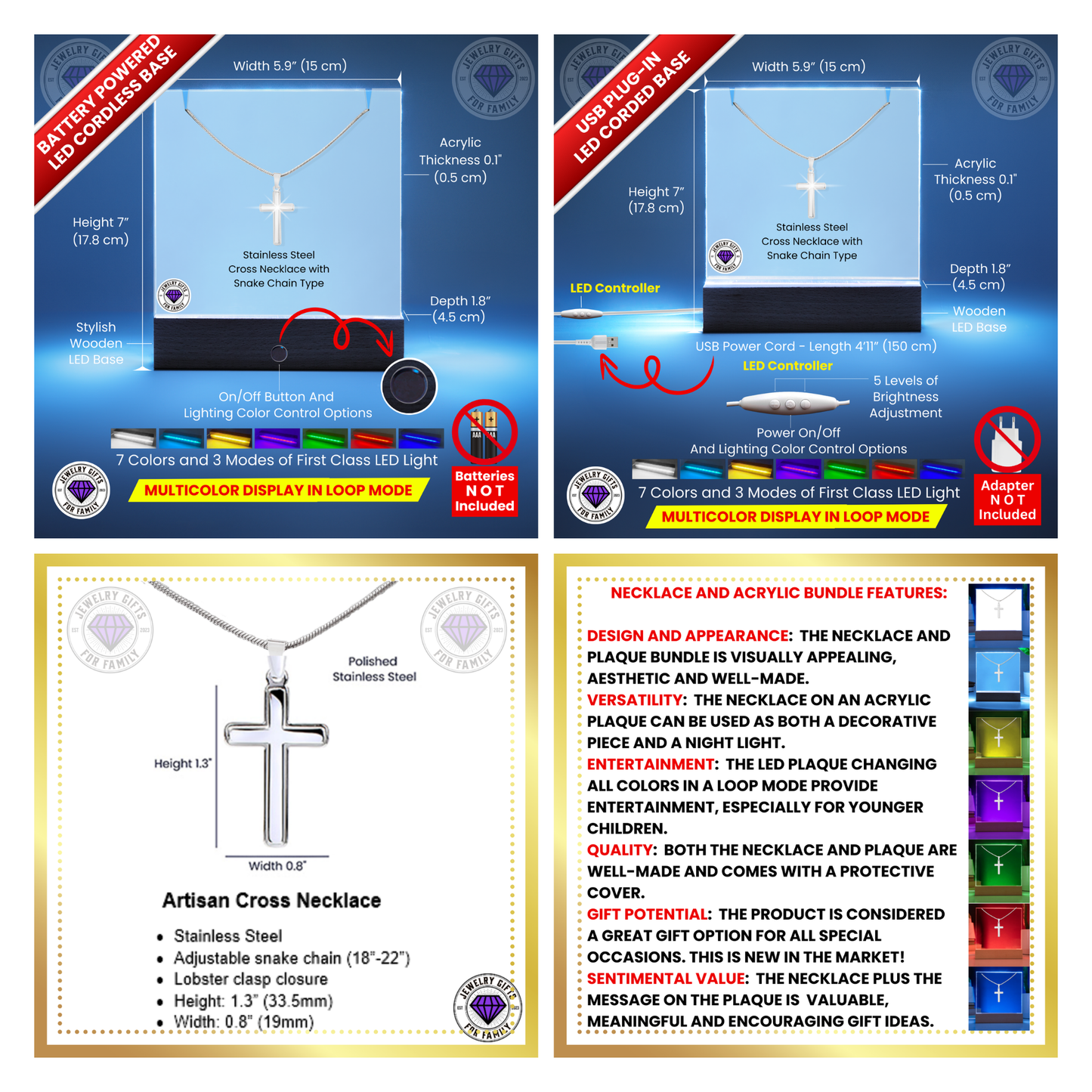 JGF Jewelry Gifts For Family Multicolor LED Display Necklace and Acrylic Note To Self Plaque