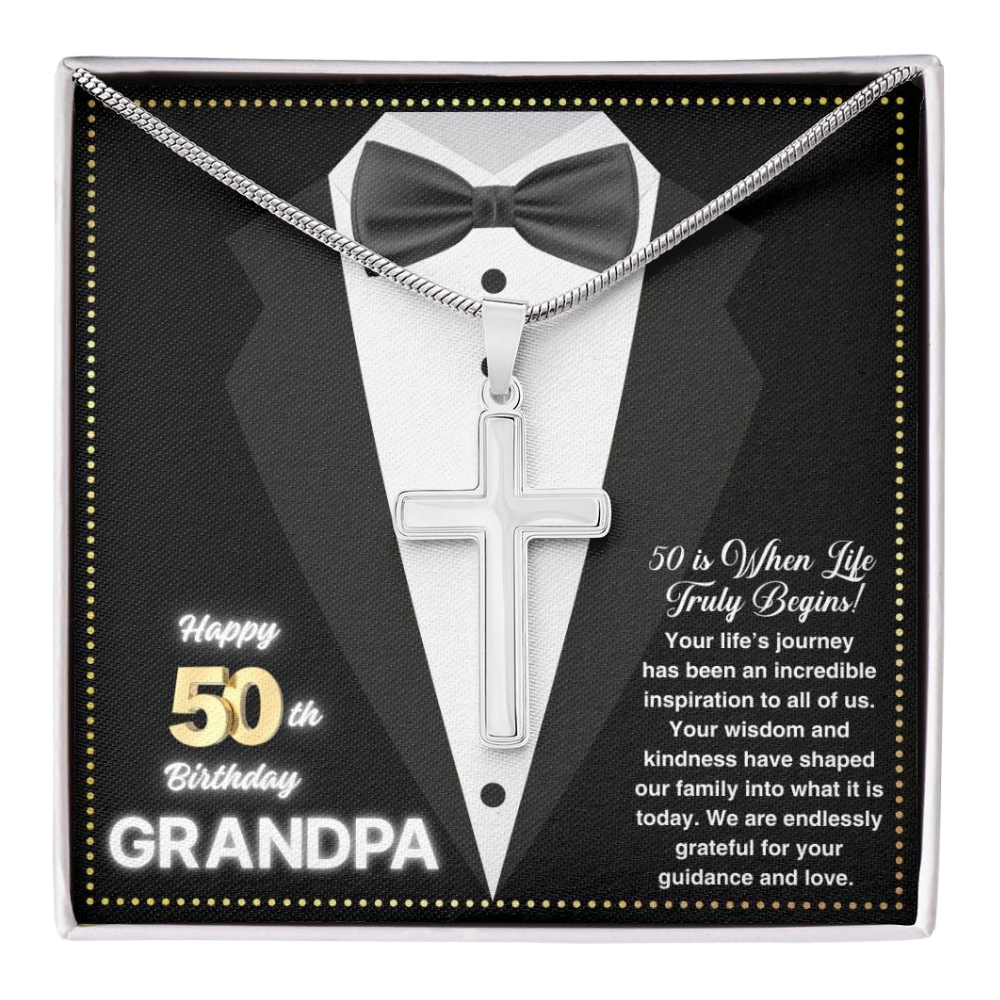 JGF Jewelry Gifts for Family Cross Necklace Silver For Grandpa 50th Birthday Card For Him