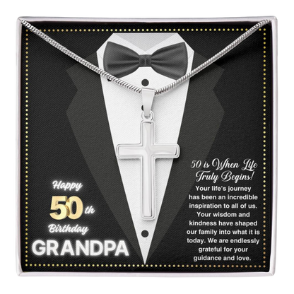 JGF Jewelry Gifts for Family Cross Necklace Silver For Grandpa 50th Birthday Card For Him