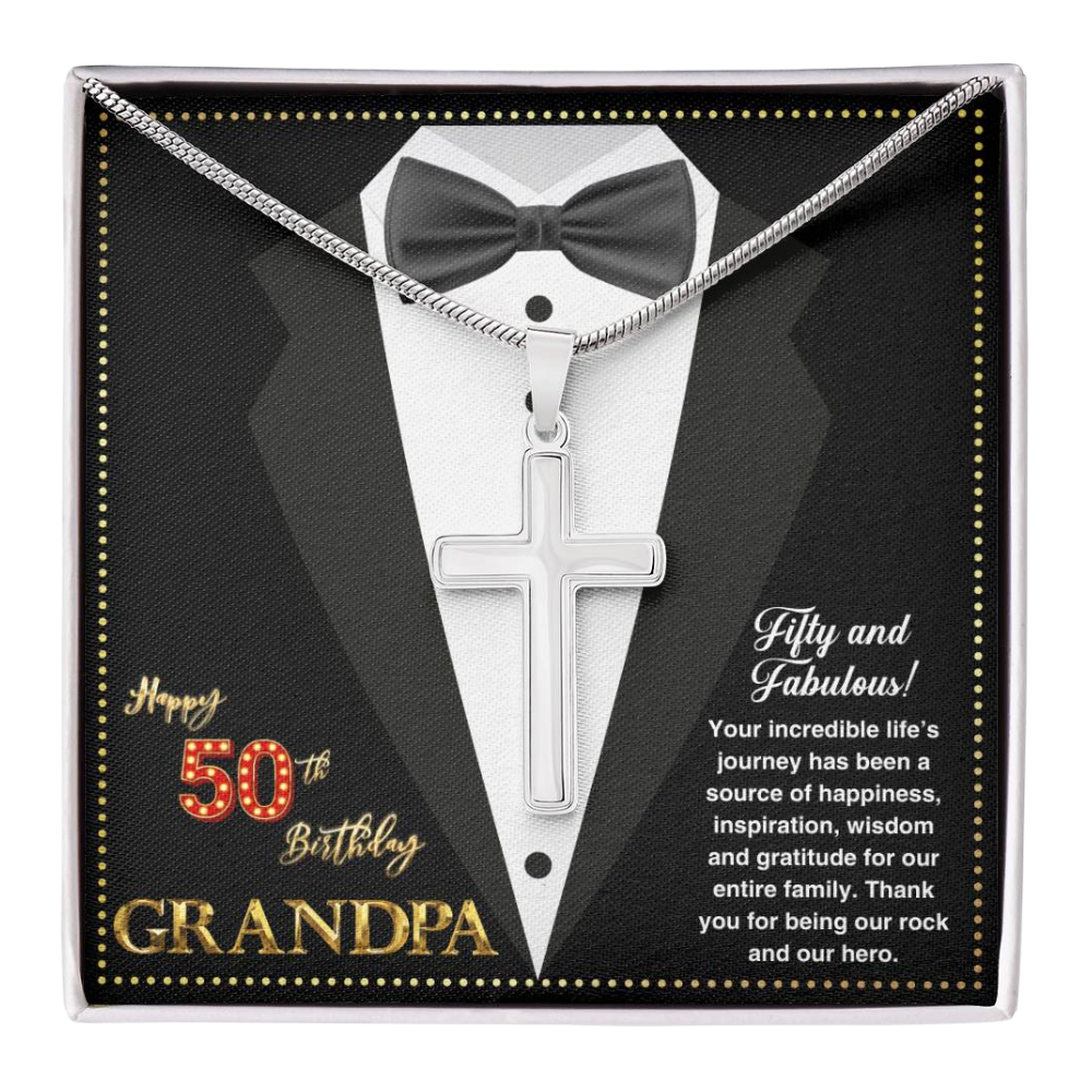 JGF Jewelry Gifts for Family Cross Necklace For Men Happy 50th Birthday Card For Him Grandpa