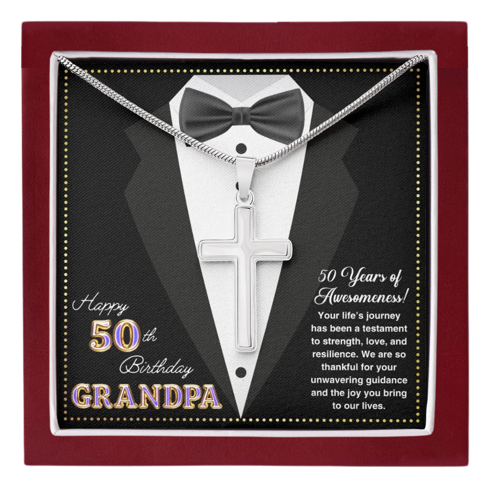 JGF Jewelry Gifts for Family Happy 50th Birthday Card For Him Grandpa Cross Necklace For Men