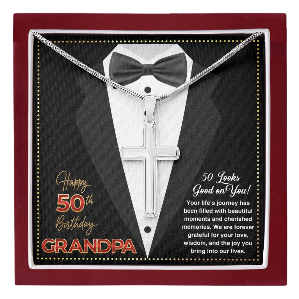 JGF Jewelry Gifts for Family Christian Cross Necklace For Men Grandpa Turning 50 Birthday Card