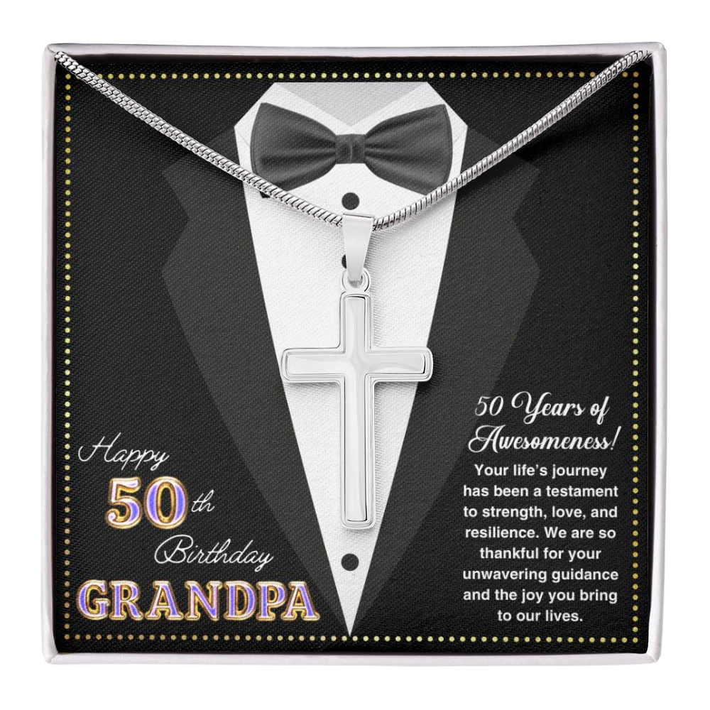 JGF Jewelry Gifts for Family Happy 50th Birthday Card For Him Grandpa Cross Necklace For Men