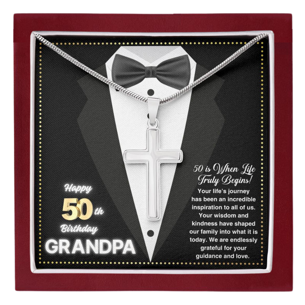 JGF Jewelry Gifts for Family Cross Necklace Silver For Grandpa 50th Birthday Card For Him