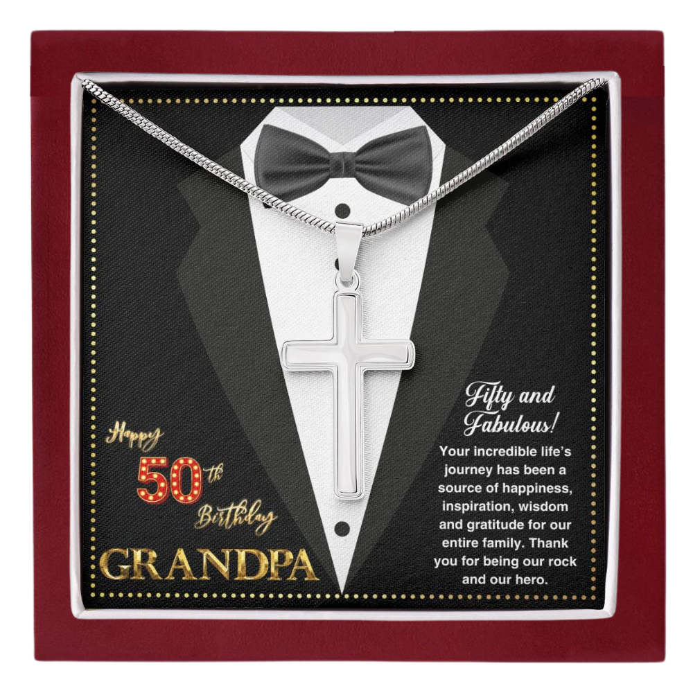 JGF Jewelry Gifts for Family Cross Necklace For Men Happy 50th Birthday Card For Him Grandpa