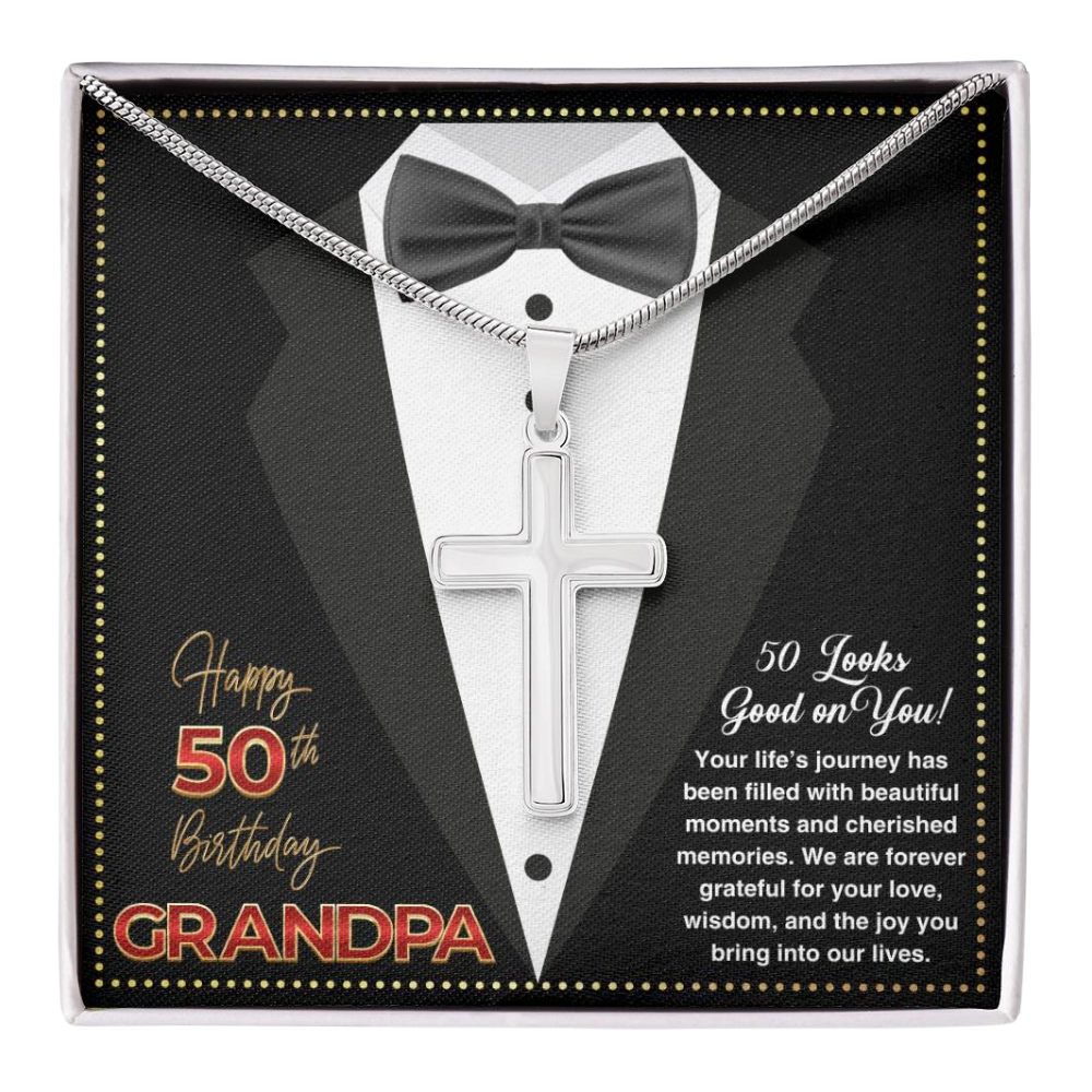 JGF Jewelry Gifts for Family Christian Cross Necklace For Men Grandpa Turning 50 Birthday Card