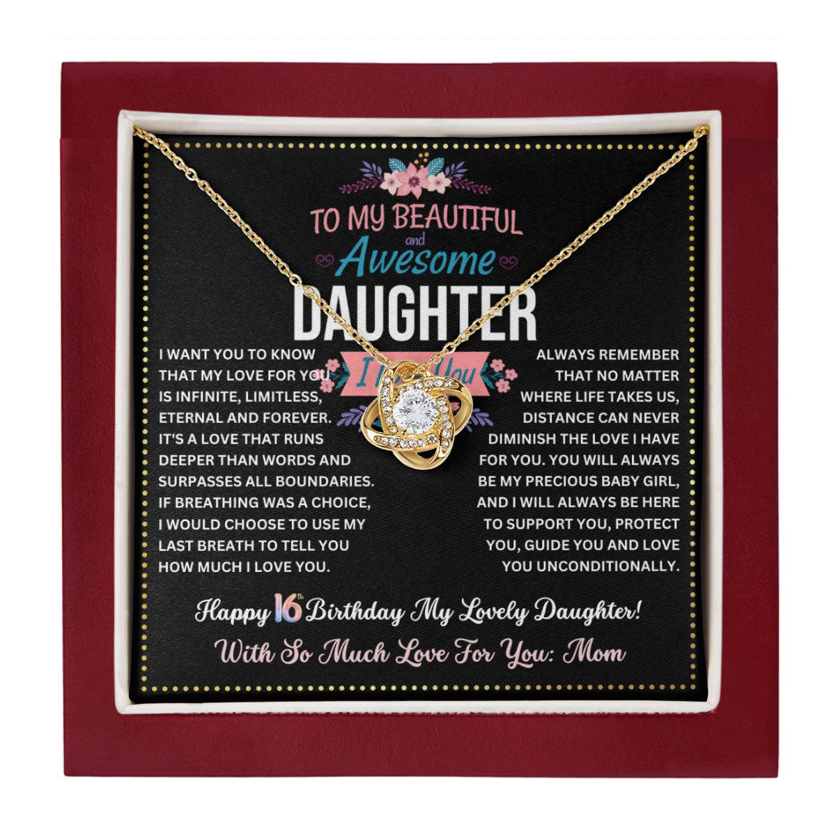 JGF Jewelry Gifts for Family 16th Birthday Card For Daughter From Mom Love Knot Necklaces For Women