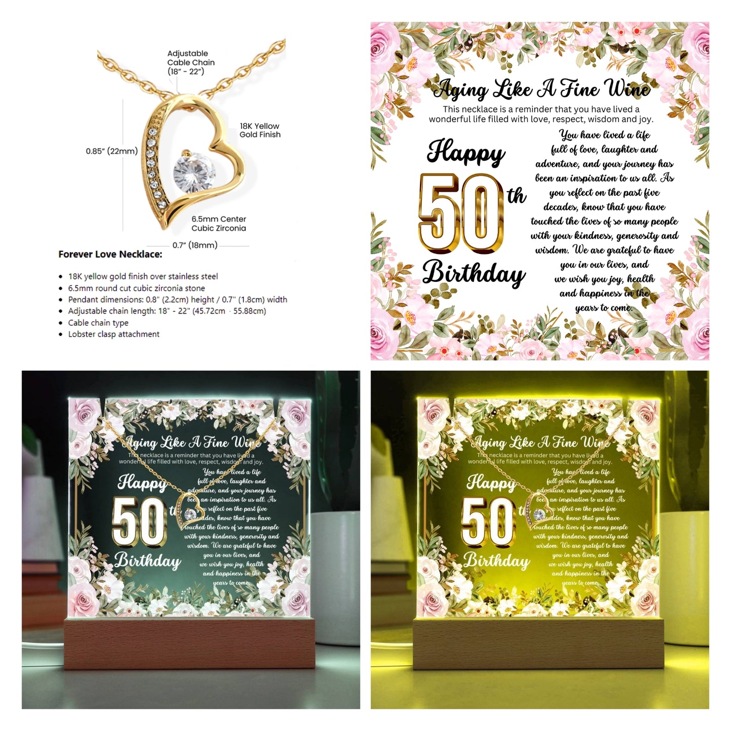 JGF Jewelry Gifts for Family Happy 50th Birthday Heart Necklace on Acrylic Plaque Gifts For Women Turning 50 Year Old
