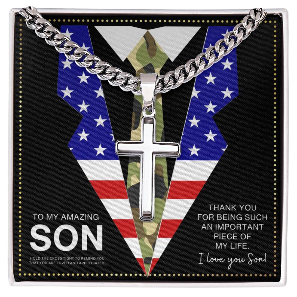 JGF Jewelry Gifts for Family Army National Guard Cuban Link Chain For Men With Cross Pendant US American Flag