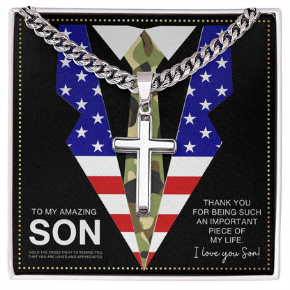JGF Jewelry Gifts for Family Army National Guard Cuban Link Chain For Men With Cross Pendant US American Flag