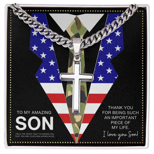 JGF Jewelry Gifts for Family Army National Guard Cuban Link Chain For Men With Cross Pendant US American Flag