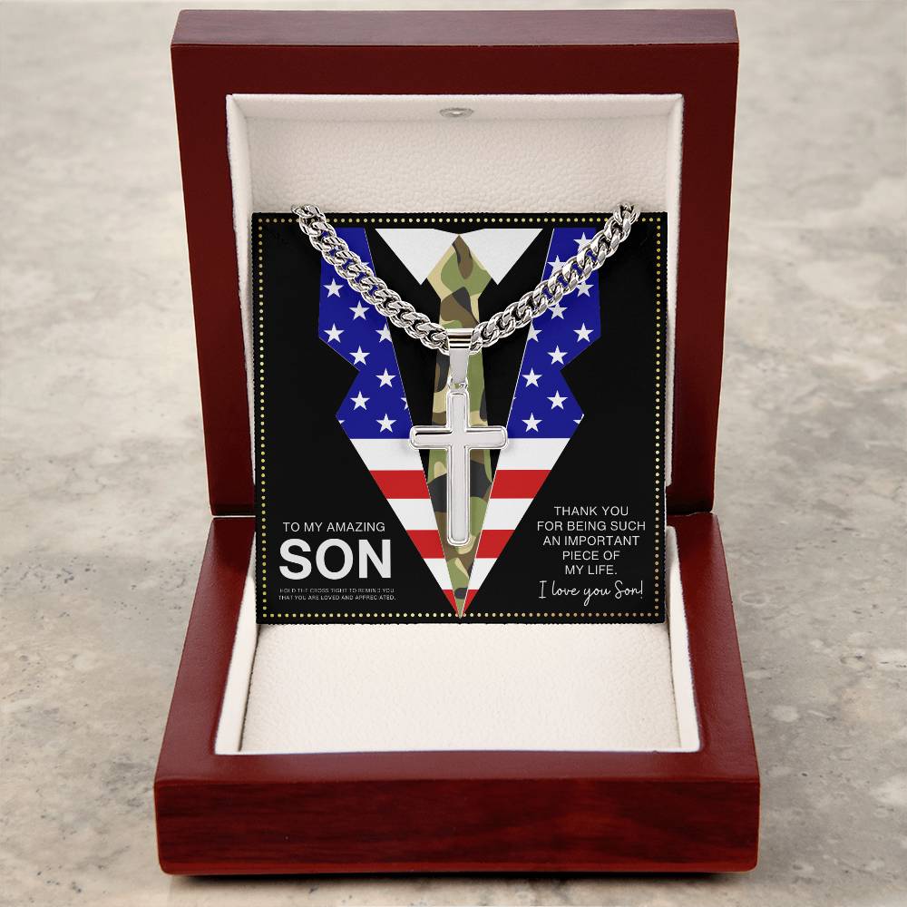 JGF Jewelry Gifts for Family Army National Guard Cuban Link Chain For Men With Cross Pendant US American Flag