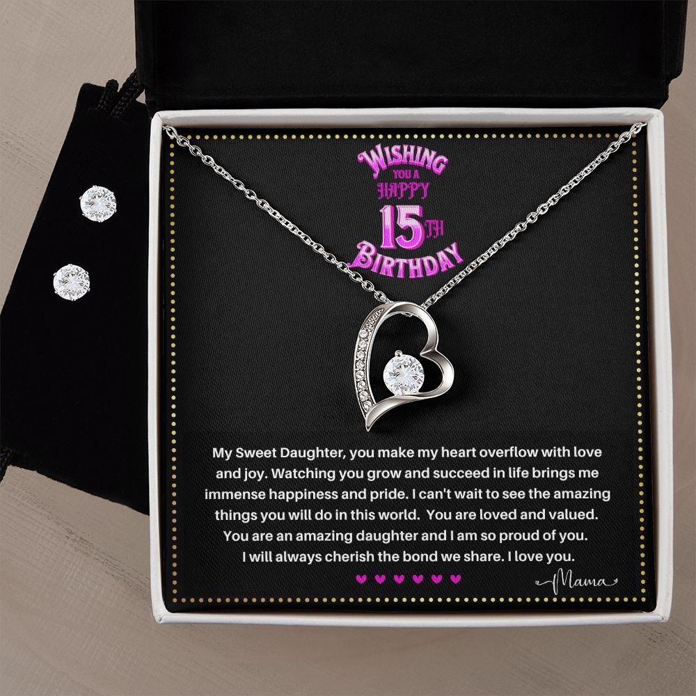 JGF Jewelry Gifts for Family | Happy 15th Birthday Card For Daughter | Trendy Love Heart Necklace And Earrings Jewelry