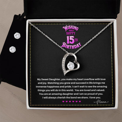 JGF Jewelry Gifts for Family | Happy 15th Birthday Card For Daughter | Trendy Love Heart Necklace And Earrings Jewelry