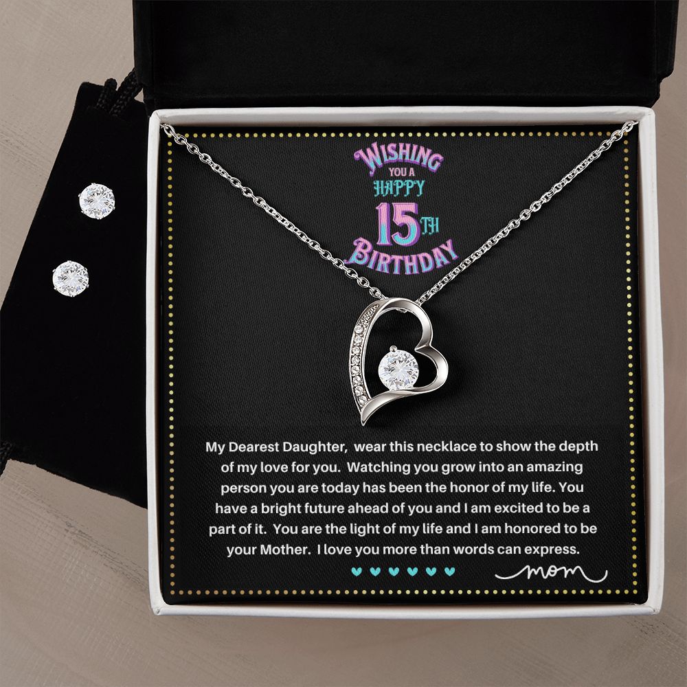 JGF Jewelry Gifts for Family | Quinceanera Cards For 15Th Birthday | Sterling Silver Heart Necklace And Earrings For Women