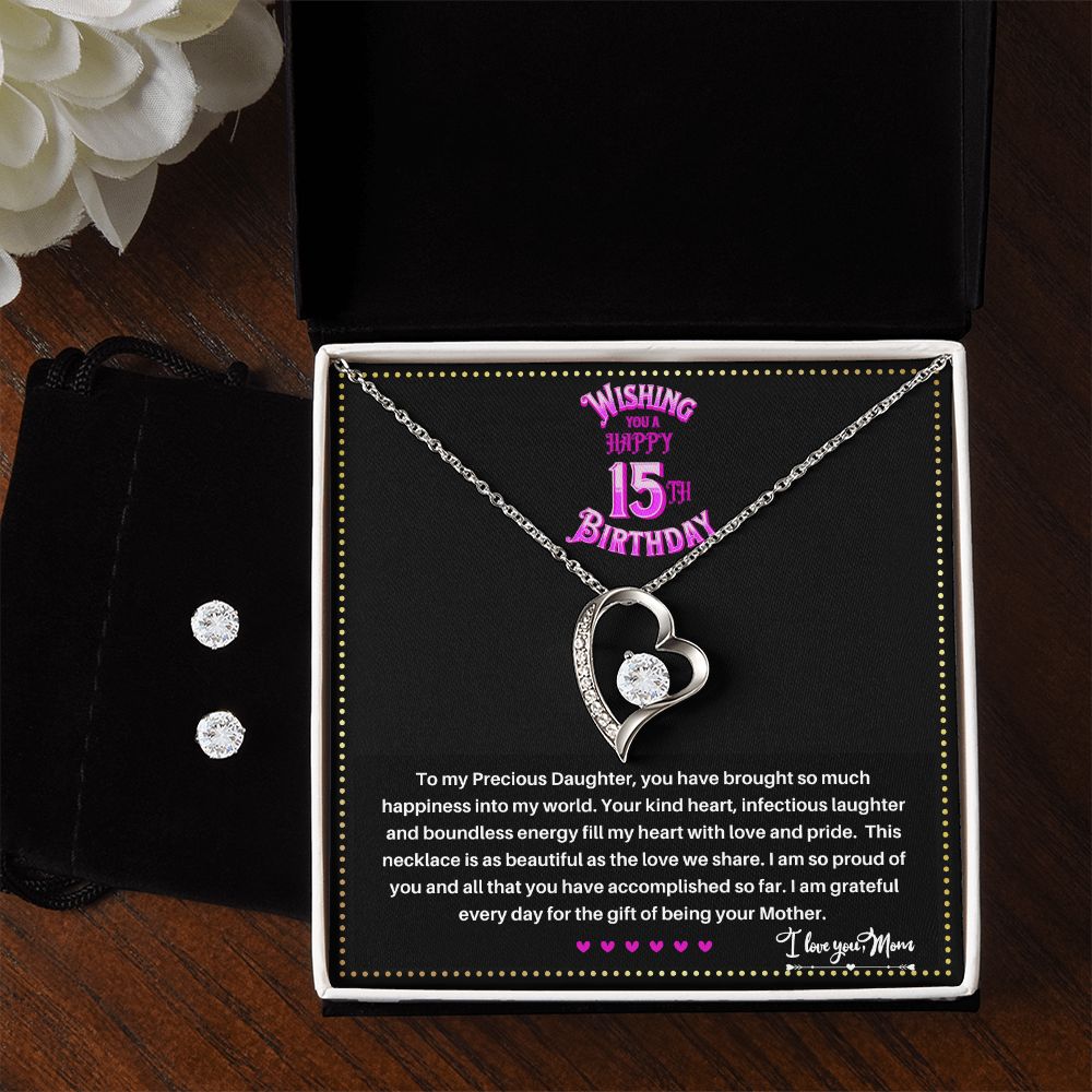 JGF Jewelry Gifts for Family | Quinceanera Silver Necklace and Earring Set for 15 Year Old Daughter Gift from Mom