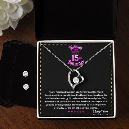 JGF Jewelry Gifts for Family | Quinceanera Silver Necklace and Earring Set for 15 Year Old Daughter Gift from Mom