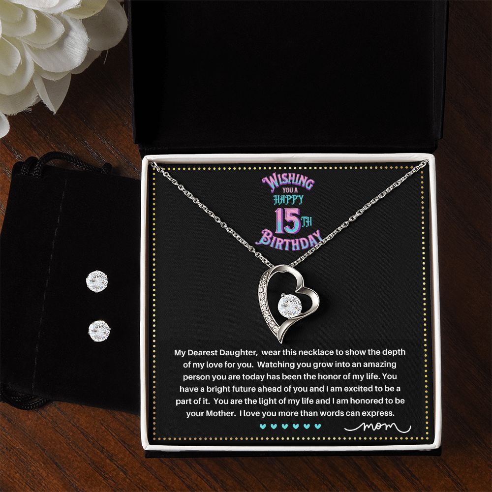 JGF Jewelry Gifts for Family | Quinceanera Cards For 15Th Birthday | Sterling Silver Heart Necklace And Earrings For Women