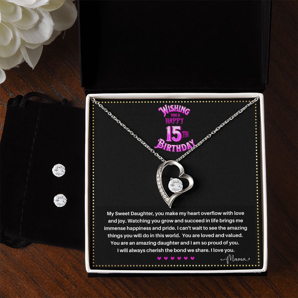 JGF Jewelry Gifts for Family | Happy 15th Birthday Card For Daughter | Trendy Love Heart Necklace And Earrings Jewelry