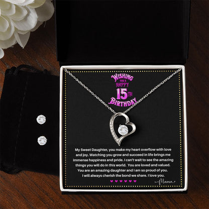 JGF Jewelry Gifts for Family | Happy 15th Birthday Card For Daughter | Trendy Love Heart Necklace And Earrings Jewelry