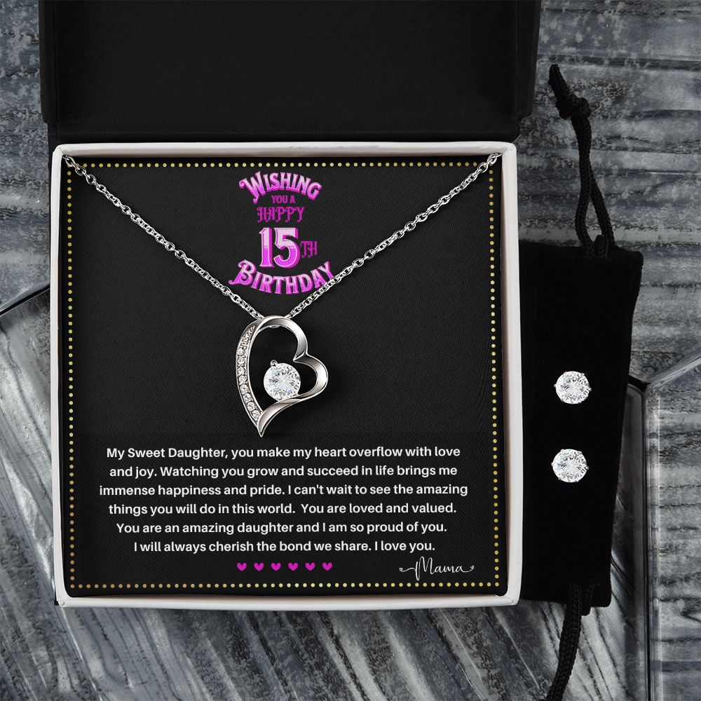 JGF Jewelry Gifts for Family | Happy 15th Birthday Card For Daughter | Trendy Love Heart Necklace And Earrings Jewelry