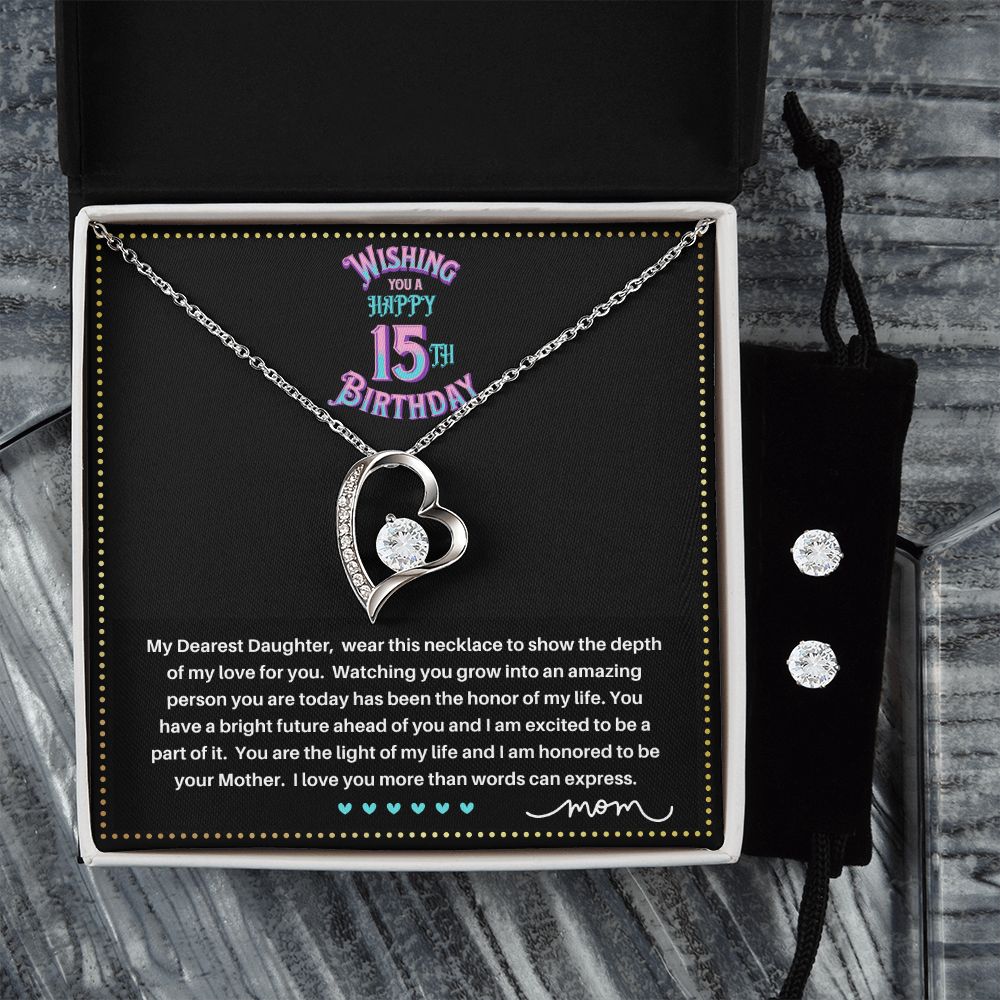 JGF Jewelry Gifts for Family | Quinceanera Cards For 15Th Birthday | Sterling Silver Heart Necklace And Earrings For Women