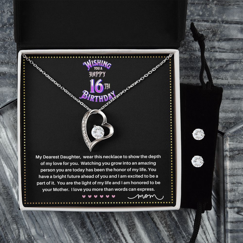 JGF Jewelry Gifts for Family | Happy 16th Birthday Card Girl | Sterling Silver Heart Necklace and Earrings for Girls from Mom