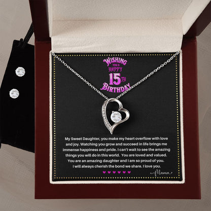JGF Jewelry Gifts for Family | Happy 15th Birthday Card For Daughter | Trendy Love Heart Necklace And Earrings Jewelry