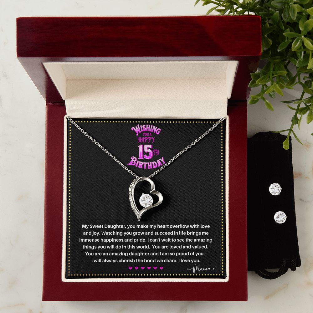 JGF Jewelry Gifts for Family | Happy 15th Birthday Card For Daughter | Trendy Love Heart Necklace And Earrings Jewelry
