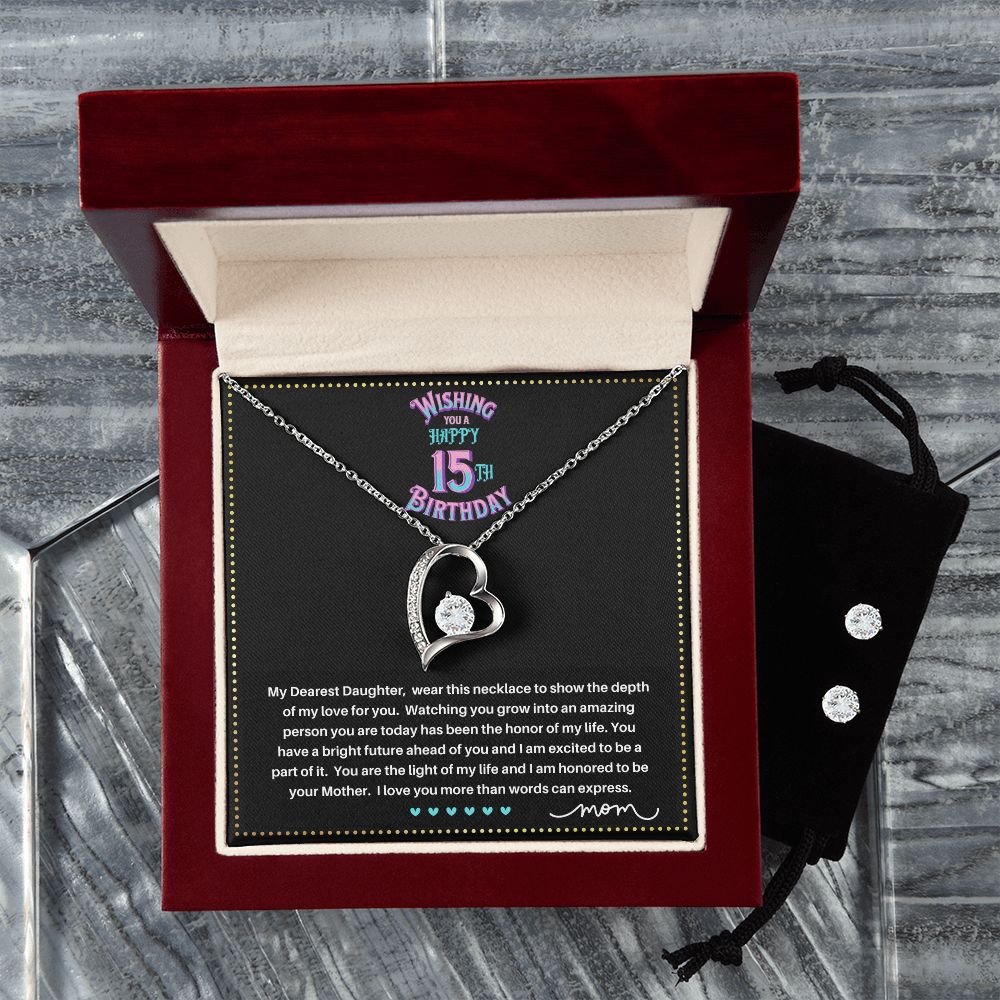 JGF Jewelry Gifts for Family | Quinceanera Cards For 15Th Birthday | Sterling Silver Heart Necklace And Earrings For Women