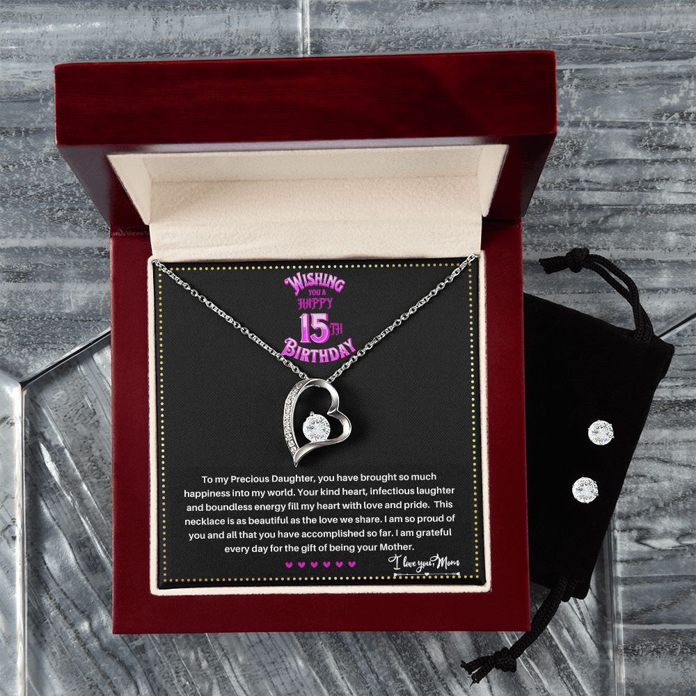 JGF Jewelry Gifts for Family | Quinceanera Silver Necklace and Earring Set for 15 Year Old Daughter Gift from Mom