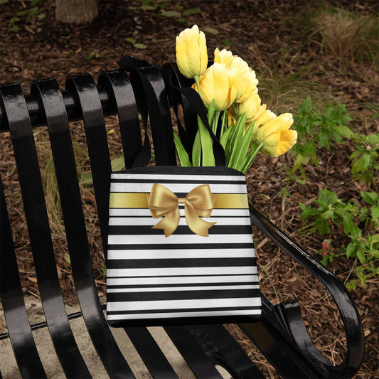 JGF Tote Bag Black and White Stripes with Gold Ribbon
