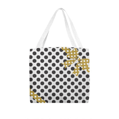 JGF Tote Bag White with Black Polka Dots and Gold Ribbon