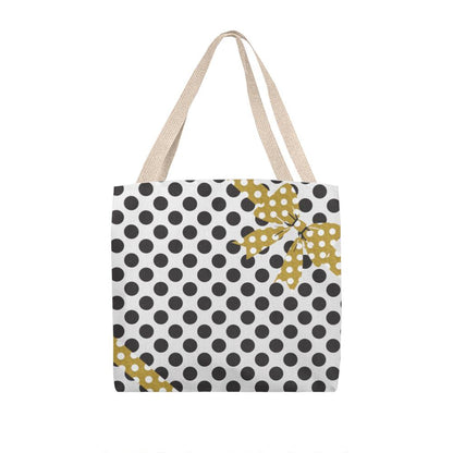 JGF Tote Bag White with Black Polka Dots and Gold Ribbon