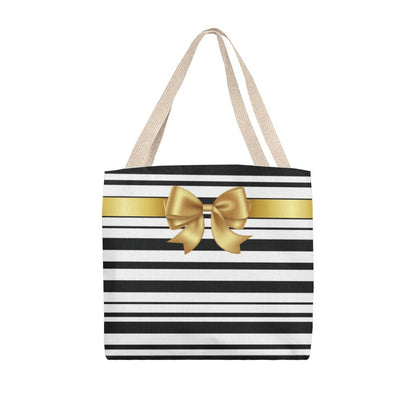 JGF Tote Bag Black and White Stripes with Gold Ribbon