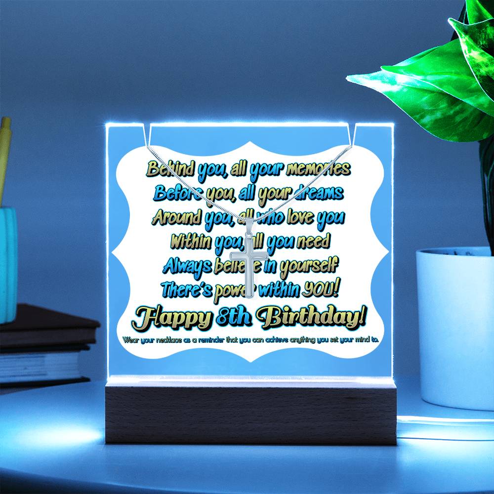 JGF Jewelry Gifts For Family Silver Cross Necklace for 8 Yar Old Girl And Boy on Acrylic Birthday Plaque Gift