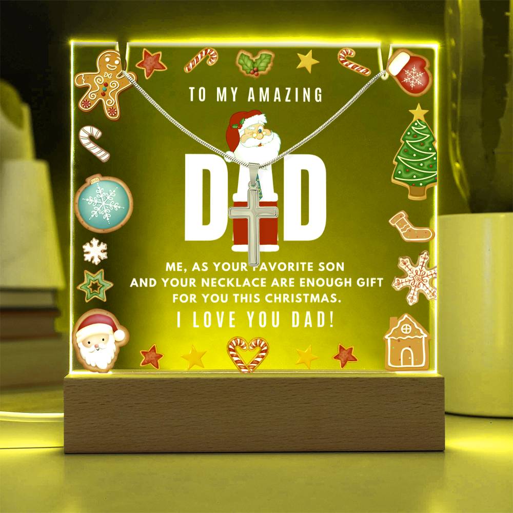 JGF Jewelry Gifts For Family Cross Necklace For Men Silver Stainless Steel For Dad Acrylic Plaque Nightstand with LED Sign Night Stand