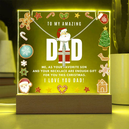 JGF Jewelry Gifts For Family Cross Necklace For Men Silver Stainless Steel For Dad Acrylic Plaque Nightstand with LED Sign Night Stand