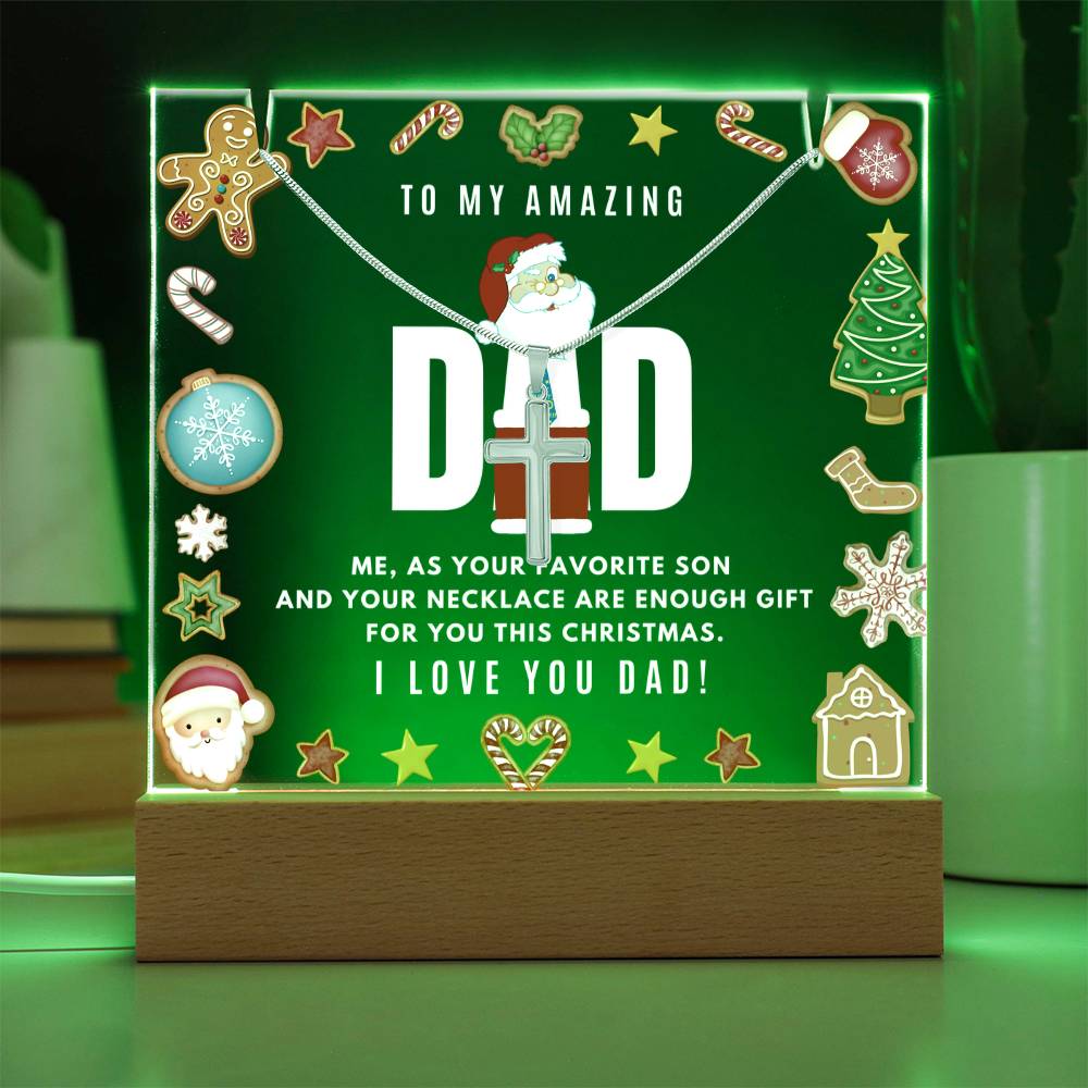 JGF Jewelry Gifts For Family Cross Necklace For Men Silver Stainless Steel For Dad Acrylic Plaque Nightstand with LED Sign Night Stand